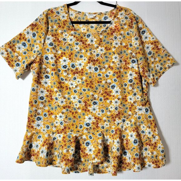Time and Tru Womens Tunic Top Plus Size XL 16/18 Yellow Floral Ruffled Peplum - Picture 1 of 12